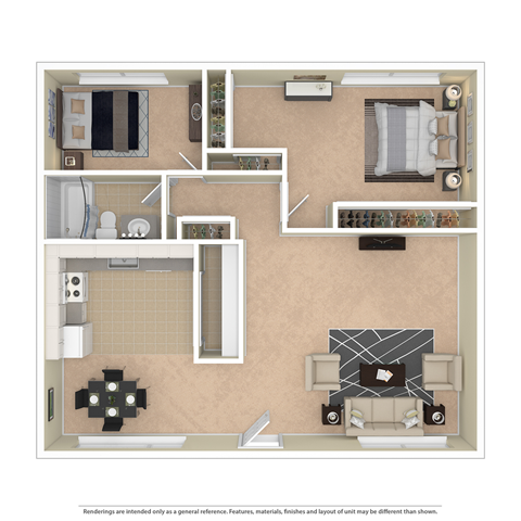 Floor plan for 2 beds, 1 bath, 760 sqft